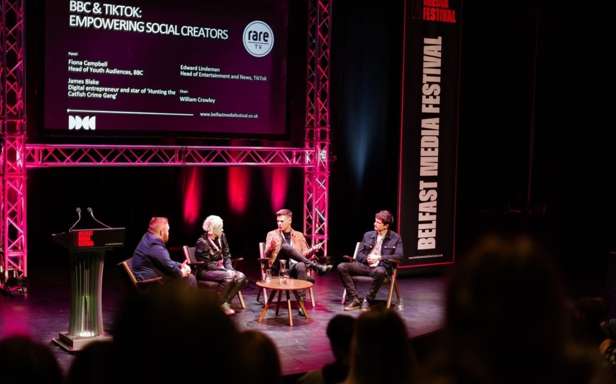 James Blake speaking at Belfast Media Festival panel with BBC and TikTok